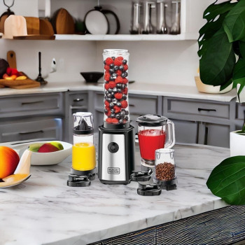 Black+Decker 300W Sports Blender/Smoothie Maker, 16 Piece With 500Ml Bottle 600Ml Blender Jar 550Ml Juice Cup Citus Juicer And 300Ml Grinder Mill