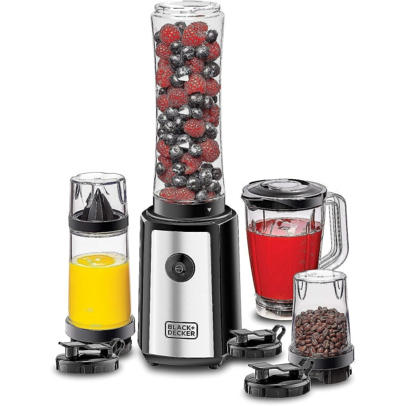 Black+Decker 300W Sports Blender/Smoothie Maker, 16 Piece With 500Ml Bottle 600Ml Blender Jar 550Ml Juice Cup Citus Juicer And 300Ml Grinder Mill