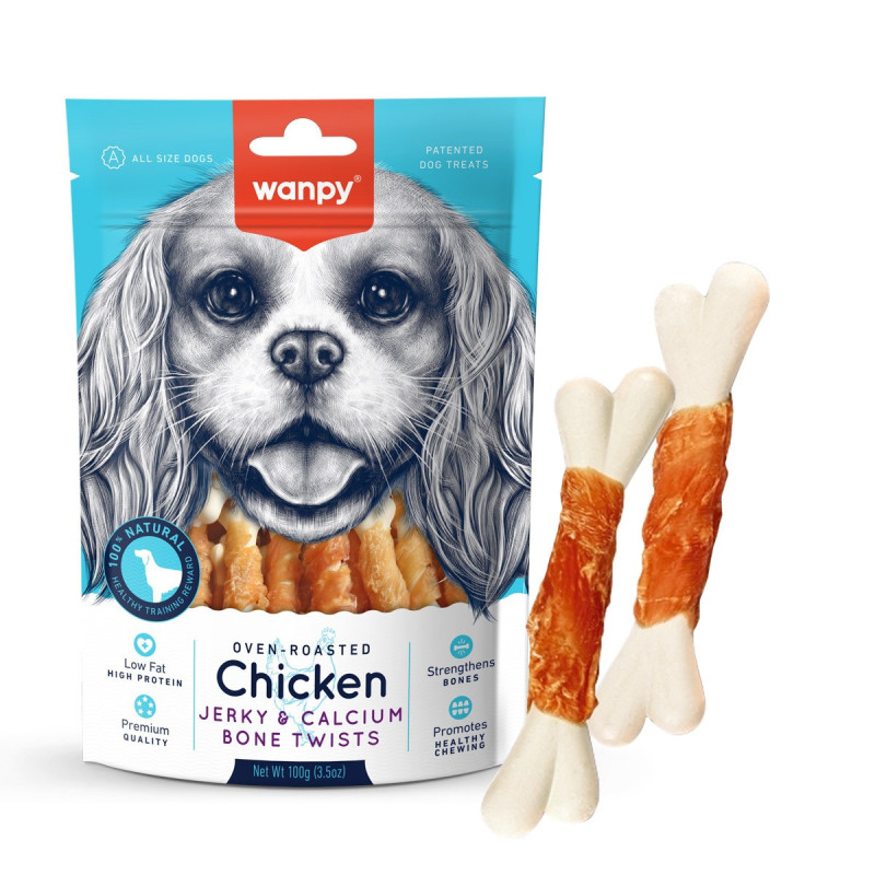 Wanpy Oven Roasted Chicken Jerky And Calcium Bone Twists, 100g (Pack of 16)