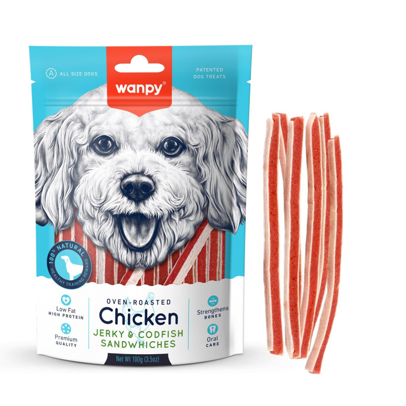 Wanpy Oven Roasted Chicken Jerky And Codfish Sandwiches, 100g (Pack of 25)