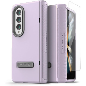 VRS Design Terra Guard Modern Phone Case For Galaxy Z Fold 4 5G, Premium Modern Neat Style (Anti Scratch Hinge Protection) Case With Tempered Glass Screen Protector, Purple