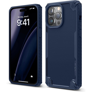 Elago Armor Compatible With iPhone 14 Pro Max Case 6.7 Inch, US Military Grade Drop Protection, Heavy-Duty Protective, Carbon Fiber Texture, Tough Rugged Design, Shockproof Bumper Cover, Jean Indigo