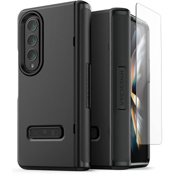 VRS Design Terra Guard Modern For Galaxy Z Fold 4 5G, 2022, Premium Modern Neat Style, Anti Scratch Hinge Protection Case With Tempered Glass Screen Protector, Black