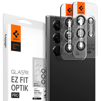 Spigen Camera Lens Screen Protector Glas Tr Ez Fit Optik Pro, Designed For Galaxy S22 Ultra, Black, Pack Of 2