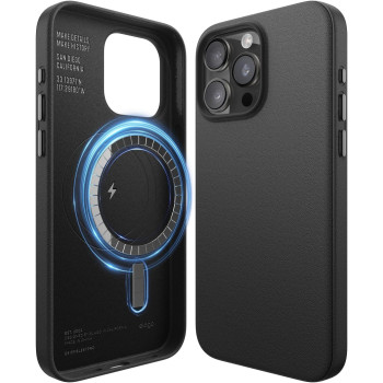 Elago Magnetic Leather Case Compatible With iPhone 15 Pro Max Case, Compatible With All Magsafe Accessories, 6.7 Inch, Built-In Magnets, Vegan Leather, Shockproof, Water-Resistant, Black