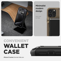 VRS Design Compatible With iPhone 15 Pro Max 6.7 Inch, Case With Card Holder Damda Glide Pro, Sturdy Semi Auto Card Slot Wallet 4 Cards, Case, Designed For iPhone 15 Pro Max 2023, Groove Khaki