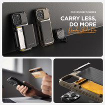 VRS Design Compatible With iPhone 15 Pro Max 6.7 Inch, Case With Card Holder Damda Glide Pro, Sturdy Semi Auto Card Slot Wallet 4 Cards, Case, Designed For iPhone 15 Pro Max 2023, Groove Khaki