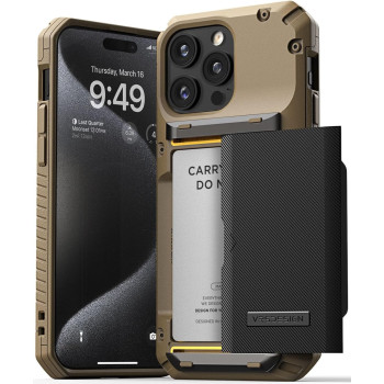 VRS Design Compatible With iPhone 15 Pro Max 6.7 Inch, Case With Card Holder Damda Glide Pro, Sturdy Semi Auto Card Slot Wallet 4 Cards, Case, Designed For iPhone 15 Pro Max 2023, Groove Khaki
