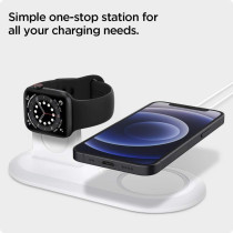 Spigen Mag Fit Duo Designed For Magsafe Charger Stand For iPhone 15, iPhone 14, iPhone 13, iPhone 12 Models/Apple Watch Stand For All Series/Airpods Magsafe Charging Pad Case, White