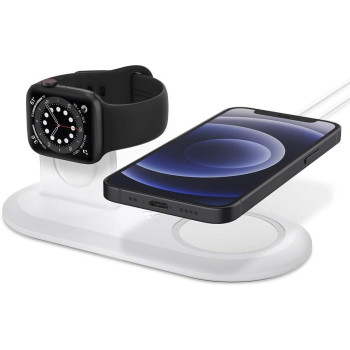 Spigen Mag Fit Duo Designed For Magsafe Charger Stand For iPhone 15, iPhone 14, iPhone 13, iPhone 12 Models/Apple Watch Stand For All Series/Airpods Magsafe Charging Pad Case, White