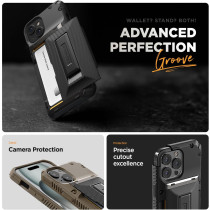 VRS Design Damda Glide Hybrid Phone Case Designed For iPhone 15 (2023), Functional Sturdy Wallet Card Holder Kickstand Case Compatible With iPhone 15, Khaki