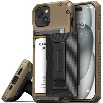 VRS Design Damda Glide Hybrid Phone Case Designed For iPhone 15 (2023), Functional Sturdy Wallet Card Holder Kickstand Case Compatible With iPhone 15, Khaki