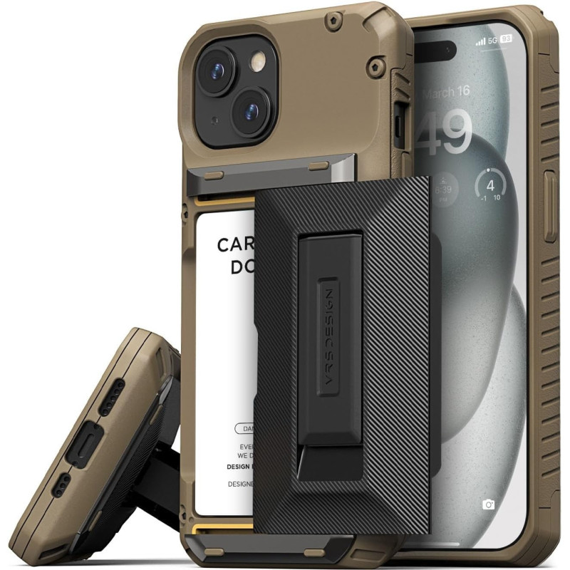 VRS Design Damda Glide Hybrid Phone Case Designed For iPhone 15 (2023), Functional Sturdy Wallet Card Holder Kickstand Case Compatible With iPhone 15, Khaki