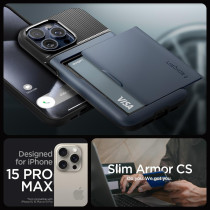 Spigen Slim Armor CS Designed For iPhone 15 Pro Max Case (2023), Military-Grade Protection, Card Holder, Metal Slate