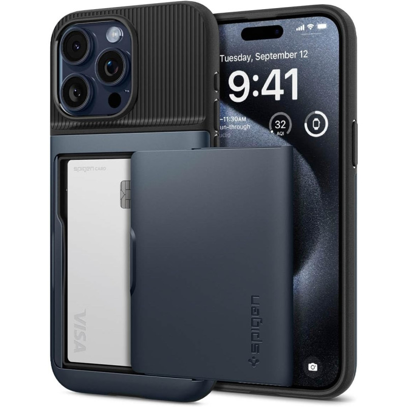 Spigen Slim Armor CS Designed For iPhone 15 Pro Max Case (2023), Military-Grade Protection, Card Holder, Metal Slate