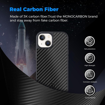 Monocarbon Real Carbon Fiber Case For iPhone 15 Plus, Luxury Minimalist Business Style 6.7 Inch, Dropproof Cover Compatible With Magsafe, Military Grade Shockproof Anti-Scratch Rugged Protective Case