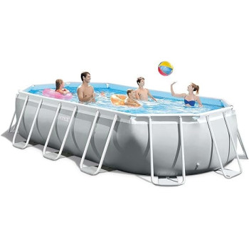 Intex 16ft 6inch x 9ft x 4ft, 5.03m x 2.74m x 1.22m, Prism Metal Frame Oval Swimming Filter Pump, Safety Ladder, Ground Cloth And Pool Cover Spec, Grey
