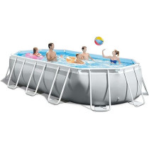 Intex 16ft 6inch x 9ft x 4ft, 5.03m x 2.74m x 1.22m, Prism Metal Frame Oval Swimming Filter Pump, Safety Ladder, Ground Cloth And Pool Cover Spec, Grey