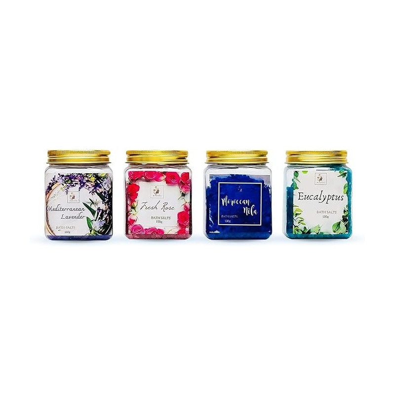 Medspa Clinic Aromatherapy Bath Salts Pack Of 4 Relaxing Salts Rose, Eucalyptus, Moroccan Nila, Mediterranean Lavender For Soaking, Relaxing Bath Spa Set, 150g each