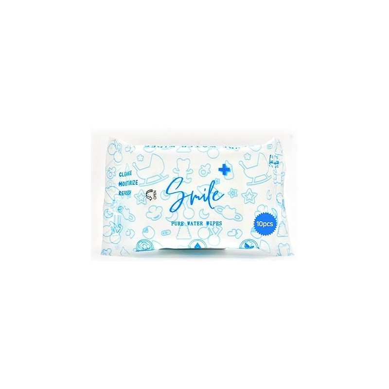 Smile Plus Pure Water Wipes, Travel Pack, Hypoallergenic And Safe For Sensitive Skin, 10 Wipes