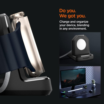 Spigen Rugged Armor Stand Designed For Apple Watch Charger For 2/Apple Watch Ultra, Series 9/8/Se2/7/6/Se/5/4 49/45/44/41/40Mm Durable TPU With Non-SlIP Stable Base, Black