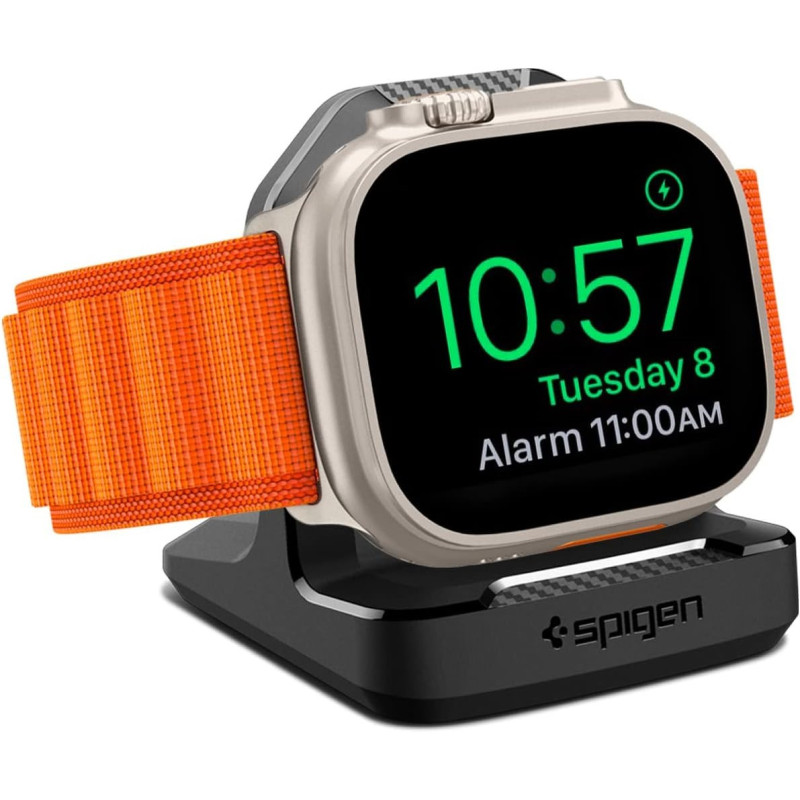 Spigen Rugged Armor Stand Designed For Apple Watch Charger For 2/Apple Watch Ultra, Series 9/8/Se2/7/6/Se/5/4 49/45/44/41/40Mm Durable TPU With Non-SlIP Stable Base, Black