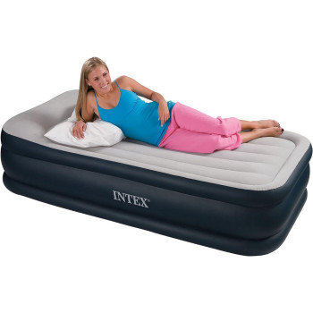 Intex Pillow Rest Adult Twin Deluxe W/Fiber Tech Bip Airbed, Top Grey/Bottom, Blue, 99 X 191 X 42 Cm