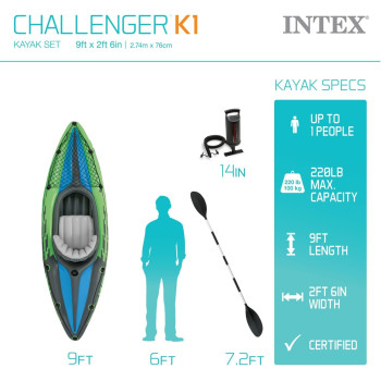 Intex Challenger Inflatable Kayak Series Includes Deluxe 86In Kayak Paddles And High-Output Pump, Superstrong Pvc, Adjustable Seat With Backrest, Green/Blue