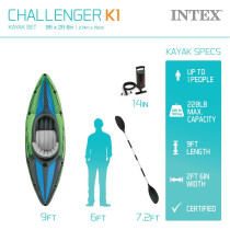 Intex Challenger Inflatable Kayak Series Includes Deluxe 86In Kayak Paddles And High-Output Pump, Superstrong Pvc, Adjustable Seat With Backrest, Green/Blue