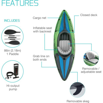 Intex Challenger Inflatable Kayak Series Includes Deluxe 86In Kayak Paddles And High-Output Pump, Superstrong Pvc, Adjustable Seat With Backrest, Green/Blue