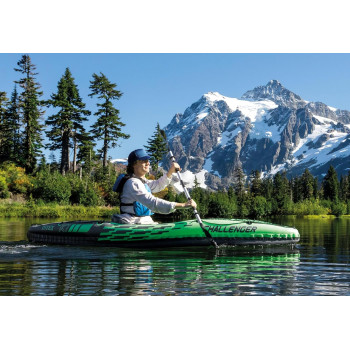 Intex Challenger Inflatable Kayak Series Includes Deluxe 86In Kayak Paddles And High-Output Pump, Superstrong Pvc, Adjustable Seat With Backrest, Green/Blue