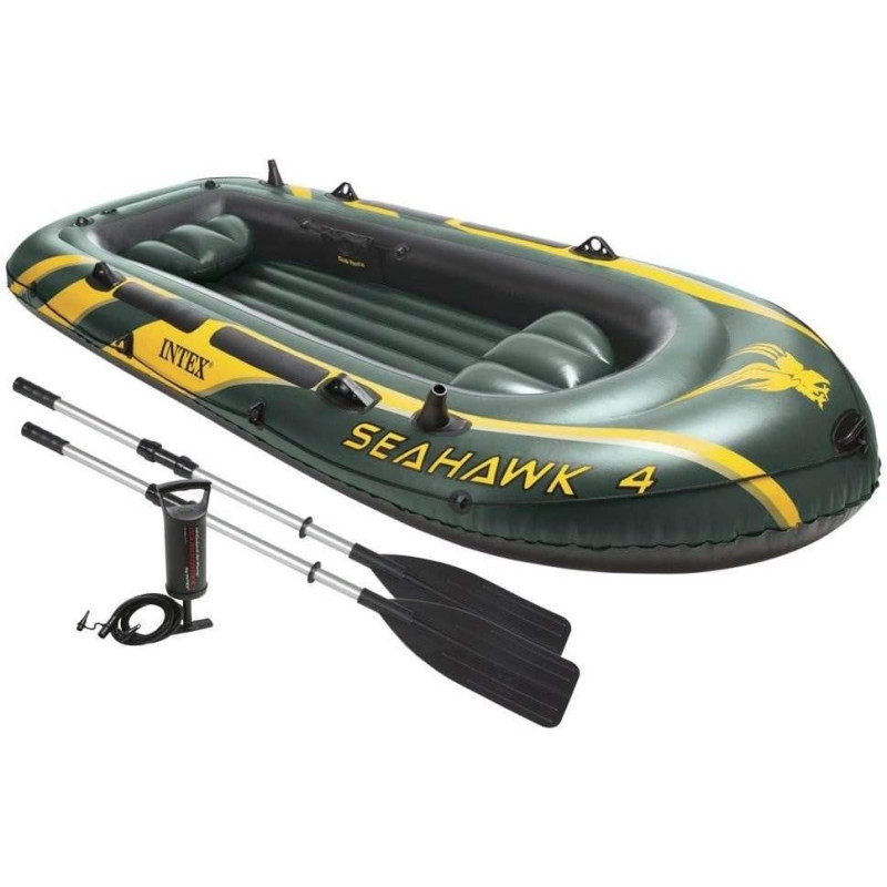 Intex Seahawk Inflatable Boat Series Includes Deluxe Boat Oars And High Output Pump Superstrong PVC, Fishing, Rod Holders Welded Oar Locks, Heavy Duty Grab Handle