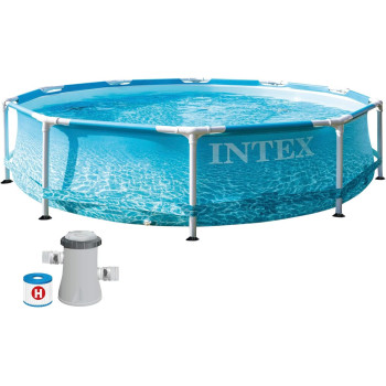 Intex Beachside Metal Frame Swimming Pool Set, Blue, 10 Foot x 30 Inch