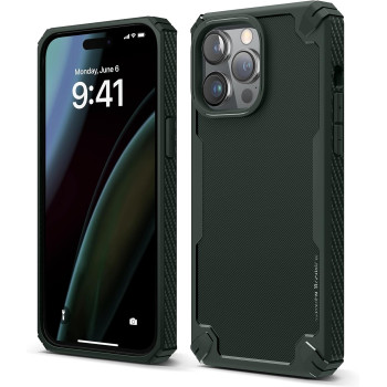 Elago Armor Compatible With iPhone 14 Pro Max Case 6.7 Inch-Us Military Grade Drop Protection, Heavy-Duty Protective Case, Carbon Fiber Texture, Tough Rugged Design, Shockproof Bumper Cover, Darkgreen