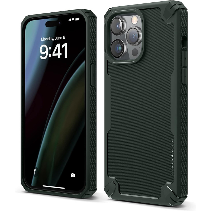 Elago Armor Compatible With iPhone 14 Pro Max Case 6.7 Inch-Us Military Grade Drop Protection, Heavy-Duty Protective Case, Carbon Fiber Texture, Tough Rugged Design, Shockproof Bumper Cover, Darkgreen