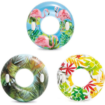 Intex Inflatable Transparent Pool Tubes, Set Of 3 Assorted Tropical Designs Inner Tube Floats With 2 Heavy Duty Handles, 38 Inch, For Kids And Adults