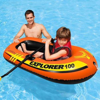 Intex Explorer 100 Inflatable Boat Series, Dual Air Chambers, Welded Oar Locks, Grab Handles, Bow Rope, Sporty Design, Orange Colour