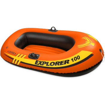 Intex Explorer 100 Inflatable Boat Series, Dual Air Chambers, Welded Oar Locks, Grab Handles, Bow Rope, Sporty Design, Orange Colour