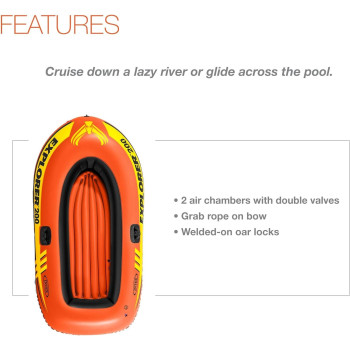 Intex Explorer Inflatable 200 Boat Series, Dual Air Chambers, Welded Oar Locks, Grab Handles, Bow Rope, Sporty Design, Orange Colour