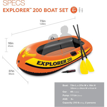 Intex Explorer 200 Inflatable Boat Series, Dual Air Chambers, Welded Oar Locks, Grab Handles, Bow Rope, Sporty Design, Orange