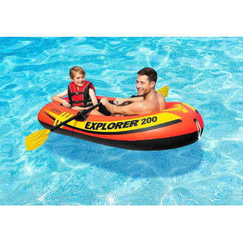 Intex Explorer 200 Inflatable Boat Series, Dual Air Chambers, Welded Oar Locks, Grab Handles, Bow Rope, Sporty Design, Orange