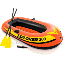 Intex Explorer 200 Inflatable Boat Series, Dual Air Chambers, Welded Oar Locks, Grab Handles, Bow Rope, Sporty Design, Orange