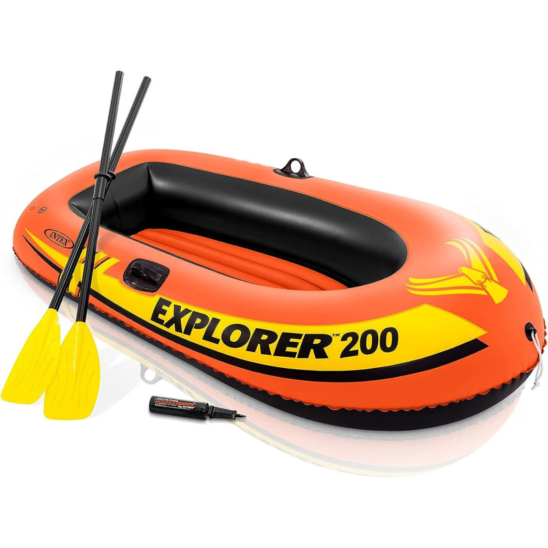 Intex Explorer 200 Inflatable Boat Series, Dual Air Chambers, Welded Oar Locks, Grab Handles, Bow Rope, Sporty Design, Orange