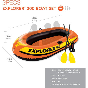 Intex Explorer Inflatable Boat Series, Dual Air Chambers, Welded Oar Locks, Grab Handles, Bow Rope, Sporty Design, Orange/Yellow