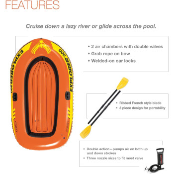 Intex Explorer Inflatable Boat Series, Dual Air Chambers, Welded Oar Locks, Grab Handles, Bow Rope, Sporty Design, Orange/Yellow