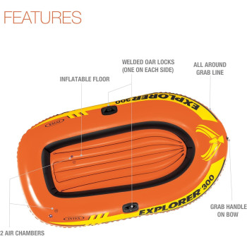 Intex Explorer Inflatable Boat Series, Dual Air Chambers, Welded Oar Locks, Grab Handles, Bow Rope, Sporty Design, Orange/Yellow