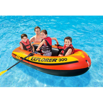 Intex Explorer Inflatable Boat Series, Dual Air Chambers, Welded Oar Locks, Grab Handles, Bow Rope, Sporty Design, Orange/Yellow