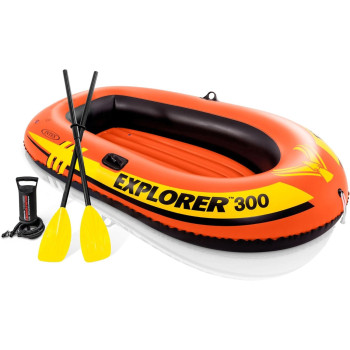 Intex Explorer Inflatable Boat Series, Dual Air Chambers, Welded Oar Locks, Grab Handles, Bow Rope, Sporty Design, Orange/Yellow