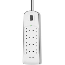 Belkin 8 Way/8 Plug Surge Protection Strip With 2 Meters Cord Length, Heavy Duty Electrical Extension Socket x 2.4 A Shared USB Ports