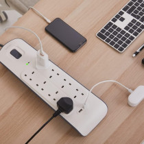 Belkin 8 Way/8 Plug Surge Protection Strip With 2 Meters Cord Length, Heavy Duty Electrical Extension Socket x 2.4 A Shared USB Ports